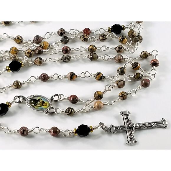 St. Francis of Assisi 5 Decade Rosary, Gemstone & Crystal Beads, Silver Plated - Picture 6 of 10
